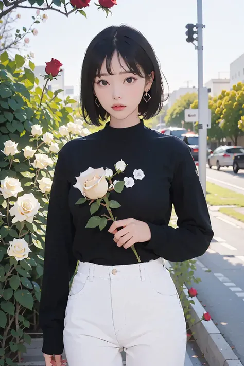 masterpiece, best quality, highly detailed,
(((solo))), (((1girls))), black eyes, earrings, <lora:flat2:1> <lora:add_detail:-1>, looking at viewer, (bangs:1.5), closed mouth, (black long sleeve t-shirt), medium breasts, outdoors, full body, (White rose pattern:1.5), black trousers
standing <lora:shizakikanon_lora:0.6>
