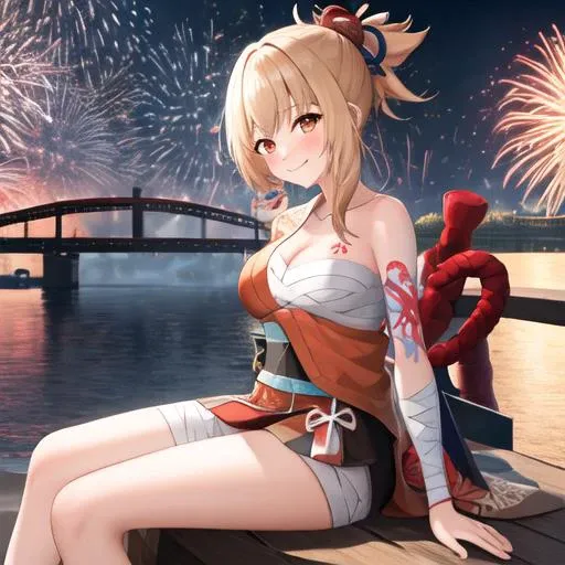 1 girl, absurdres, arm tattoo, bandages, bangs, blonde hair, smiling, yoimiya's clothes, red clothes, kimono, medium breasts, blush, full body, firework in hand, bandage in legs, highres, sitting on bridge wall, fireworks in background, highly detailed background, red socks over knee in one leg and below knee in other, 4k, unreal engine 5<lora:yoimiya_v10:1>