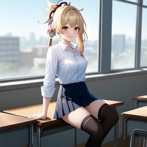 1girl, absurdres, school uniform, blonde hair, bangs, hair ornament, highres, highly detailed background, in classroom, sitting on classroom bench, full body, white shirt, looking at viewer, medium breasts, tight shirt, hair ornaments, black thighhighs, yoimiya \(genshin impact\), smiling<lora:yoimiya_v10:1>