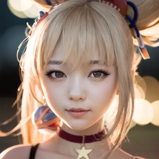 (masterpiece, best quality, highres, ultra-detailed, 8k, 4k), artbook, anime coloring, CG, illustration , fantasy, mksks ,(1girl, solo:1.4), earring, choker, ((close up portrait)), background is a huge ornate circular pattern, smile, happy looking at viewer,fireworks,stars, night, outdoors, (dutch angle), close up, face focus, upper body,{yoimiya }\(genshin impact\), <lora:yoimiya_v10:1>