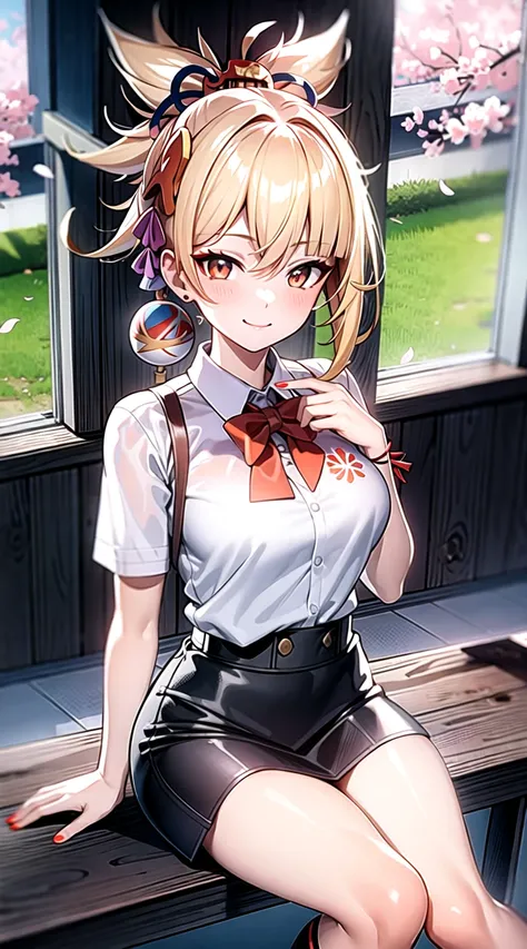 ((masterpiece)), (((best quality))), ((ultra-detailed)), (wallpaper), 8k, HD, absurdres, highres, highly detailed background, indoor, (hand of Guido Daniele), CG, (yoimiya \(genshin impact\)), 1girl, blonde hair, bangs, hair ornament, asymmetrical hair, sidelocks, (amazing beautiful eyes), (amazing detailed eyes), orange eyes, school uniform, white shirt, short sleeves, tight shirt, red ribbon, medium skirt, medium breasts, beautiful hands,, nail polish, orange nails, tattoo, long socks, smiling, full body, sitting on classroom bench, looking at viewer, in classroom, glass windows, cherry blossom trees outside windows,