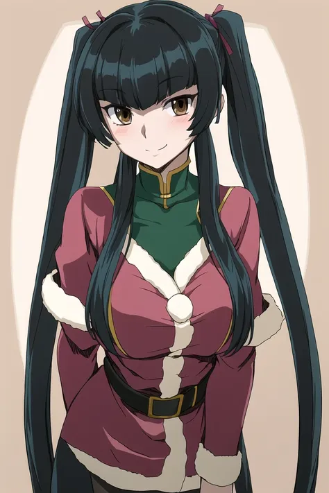 masterpiece, best quality, straight-on,
1girl,solo,wang liu mei, (wang liu mei\(shuang\)), black_hair, brown_eyes, (twintails), bangs, long_hair, hair_ribbon, hair over shoulder, evil smile,blush,
santa clothes,