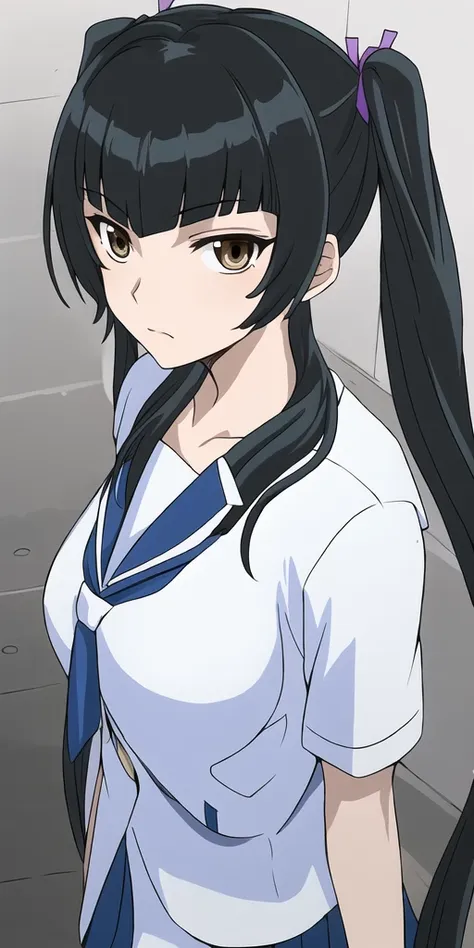 masterpiece, best quality, straight-on,
1girl,solo,wang liu mei, (wang liu mei\(shuang\)), black_hair, brown_eyes, (twintails), bangs, long_hair, hair_ribbon, hair over shoulder,
school uniform,