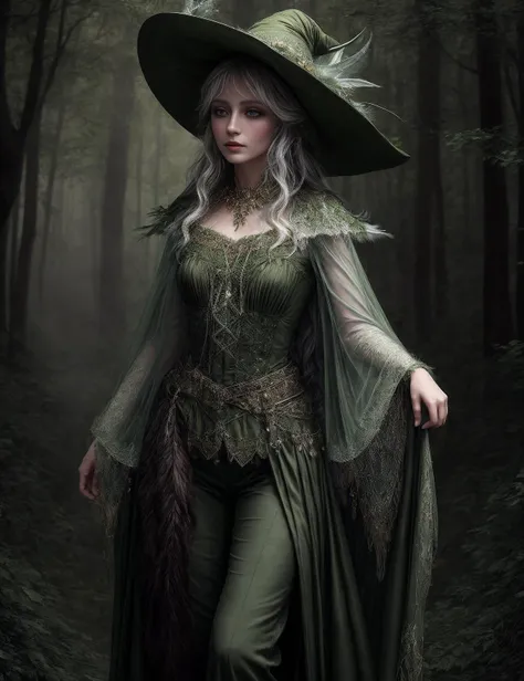 ((best quality)), ((masterpiece)), ((realistic)), (detailed),  a Russian Broad Fairie Witch  wearing OliveGreen Ethereal capelet, whispering secrets of forgotten spells and Wide-legged pants, crafted from soft, ethereal fabric and Wide-brimmed hat, adorned with feathers and charms,  (solo:1.2), Magical Radiance,((masterpiece)), absurdres, HDR, <lora:add_detail:1>, <lora:LowRA:0.5>