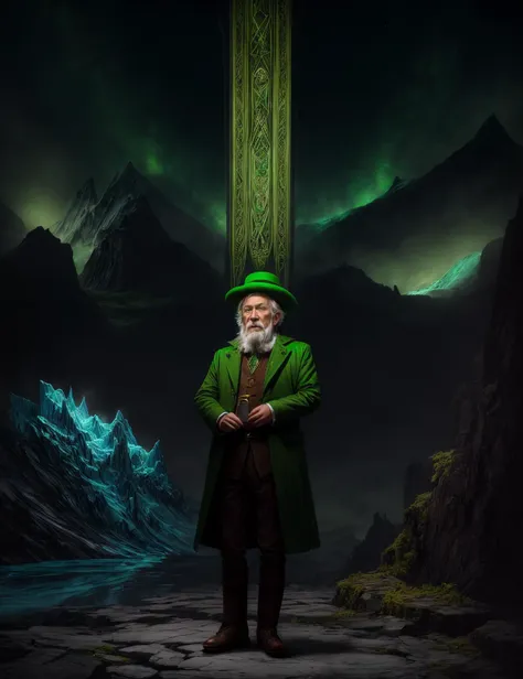 ((best quality)), ((masterpiece)), ((realistic)), (detailed), male Leprechaun, mischievous, solitary,old men wearing green coats and buckled shoes, 3-4 feet tall, crafty and elusive, fantasy, Youth Taut, Inuit, Dark green eyes, , Mahogany Ivy League hair, Amusement,, Elegant hand gestures, drawing symbols in the air to cast spells,  Thaumaturge, (Straight lines,glacier,Chartreuse ,Whipping,Electric current,decay magic:1.3) Disorder Manipulation , Gazing upwards as celestial beings descend upon the summoner, Celestial Radiance, Celestial Starlit Sabbat Grounds, Breccia stone, Halogen Floodlights, Motion Sensor Lights, ((masterpiece)), absurdres, HDR, <lora:add_detail:1>, <lora:LowRA:0.5>