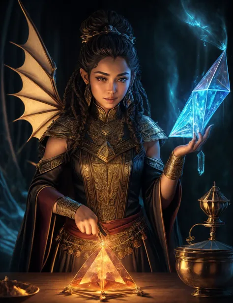 ((best quality)), ((masterpiece)), ((realistic)), (detailed), female Dragon (in humanoid form),  immense power, wisdom, and connection to fire, draconic features,scales, wings, wise, ancient being, knowledge , fantasy, Adolescence, Broad-shouldered, Indigenous Australian, Light brown eyes, Dimples, Chignon hair, Joy, Mixing potions in a cauldron, concocting potent elixirs,  wearing Enchanted Steel,__magical_elemental__ Crystals and Enlivening and Dazzle,Flicker and Sorcery Elven Gown , , ,  and andMilitary Backpack  Hypnotize (Colloids,Convection,Pulsating,Mysterious,avalanche,Whipping,Pareidolia,Hexagonal Prism magic:1.3), ((masterpiece)), absurdres, HDR, <lora:add_detail:1>, <lora:LowRA:0.5>