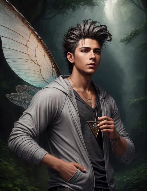 ((best quality)), ((masterpiece)), ((realistic)), (detailed), male Fairy,enchanting, ethereal creature, beauty, nature, protectors creatures, sacred places, 1 to 2 feet tall, delicate wings, delicate wings, flit through the air, fantasy, Twenty-something Wholesome, Native American, Light brown eyes, , Quiff hair, Anger,, Singing an enchanting melody, infusing magic with musical notes,  wearing  Cargo shorts, Organza  Patchwork Henley hoodie, , ,  and and Radiate (Trapezoid ,Illustrious,Captivating,Translation,Convection,Gray ,Ferromagnetic magic:1.3), ((masterpiece)), absurdres, HDR, <lora:add_detail:1>, <lora:LowRA:0.5>