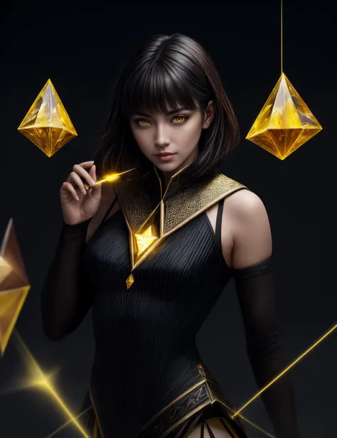 ((best quality)), ((masterpiece)), ((realistic)), (detailed), female , Late twenties, Delicate, Central Asian, Amber eyes,  , Black Blunt cut hair, Regret, Elemental Fusion, Combining gestures for multi-elemental spells,  Wizard, (Electric current,Rotation,Supersolid,Entropy,Dark yellow ,Pentagonal Prism,Enrapturing magic:1.3) Time Alteration , ((masterpiece)), absurdres, HDR, <lora:add_detail:1>, <lora:LowRA:0.5>