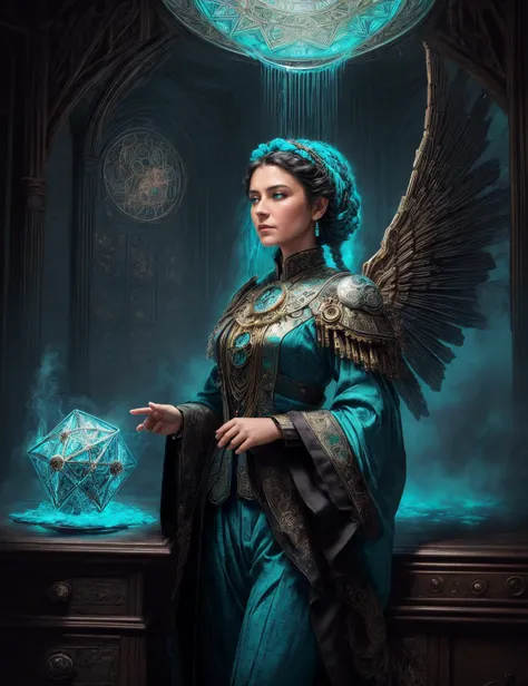 ((best quality)), ((masterpiece)), ((realistic)), (detailed), female , Geriatric, Builky, Maori, Light blue eyes, , Brunette French braid hair, Gratitude, Celestial Harmony, Hands in prayer, seeking celestial blessings, Mechanical Wings made of gears and cogs and clockwork wearing Chambray  Batik  MidnightBlack Tailored trousers,  Ruffle blouse, , ,  Emit (Gaseous,Turquoise ,Diffusion,Radiating,geyser,Icosahedron magic:1.3), Concentrated gaze, calling forth elemental energies, Incandescent Brilliance, Time-traveling Portal Room, Crumbling Idol,Alarm Clock,Phoenix Feathers,Storage Bins,Weathered Map, Slate and Laid-in Weft Patterning tapestry, High-Intensity Discharge Lamps, Wall Grazing, fantasy, ((masterpiece)), absurdres, HDR, <lora:add_detail:1>, <lora:LowRA:0.5>