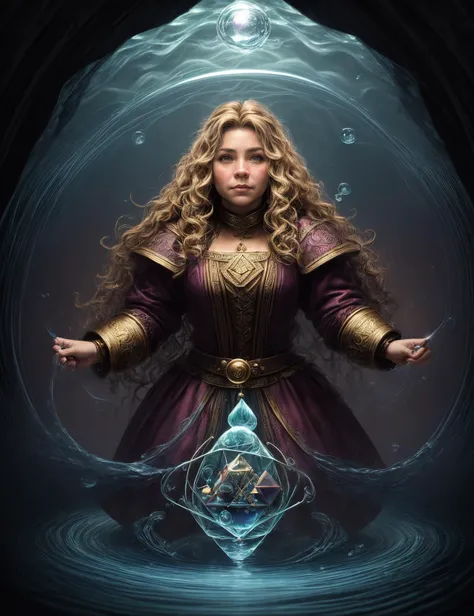 ((best quality)), ((masterpiece)), ((realistic)), (detailed), female Dwarf, short-statured humanoid beings, 3 to 4 feet tall, skilled craftsmen,expertise in mining and blacksmithing, resilience, determination, fantasy, Fifty-something, Slinky, Russian, Light brown eyes, Jaw, Sandy Blonde Wavy haircut hair, Hope, Solving riddles within enchanted puzzles, unlocking magical doors,  Magician, (Wavy lines,Curved lines,Superfluid,BubblegumPink ,Circulation,tornado,Rotation,Convection,Tetrahedron magic:1.3) Magnetism Manipulation , ((masterpiece)), absurdres, HDR, <lora:add_detail:1>, <lora:LowRA:0.5>