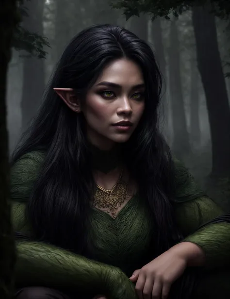 ((best quality)), ((masterpiece)), ((realistic)), (detailed), female Troll, mythical humanoid being,large, strong, 8 to 10 feet tall, deep forests, Thick Warty green Skin, large nose, pointy ears, jutting jaw, prominent teeth, deep-set glowing eyes, long wild hair, claws, fantasy, stooped posture, Young adult, Athletic, Southeast Asian, Violet eyes,  , Dark Brown Half-up, half-down hairstyle hair, Satisfaction, Gazing upwards as celestial beings descend upon the summoner,  wearing  Boyfriend jeans,  Asymmetric hem top, Ballet flats, ,  andNose Ring  and and Envelop (Enigmatic,Rotation,Translation,Broken lines,Perpendicular liness,Green ,Self-fulfilling prophecy,fog magic:1.3), ((masterpiece)), absurdres, HDR, <lora:add_detail:1>, <lora:LowRA:0.5>