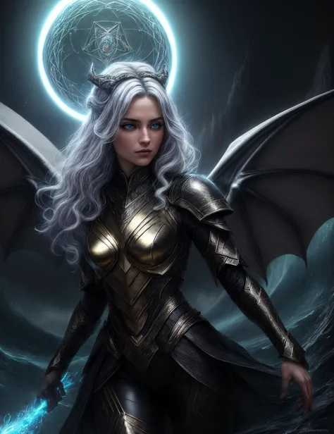 ((best quality)), ((masterpiece)), ((realistic)), (detailed), female Dragon (in humanoid form),  immense power, wisdom, and connection to fire, draconic features,scales, wings, wise, ancient being, knowledge , fantasy, Adolescence, Ripped, Middle Easterner, Blue eyes, , French braid hair, Sarcasm, Merging into shadows for stealth, using darkness to their advantage,  Cyberwizard, (Collective consciousness,White ,Dodecahedron,Vibration,Wave propagation,Supersolid,Glamorous magic:1.3) Time manipulation, Retrofuturism , ((masterpiece)), absurdres, HDR, <lora:add_detail:1>, <lora:LowRA:0.5>