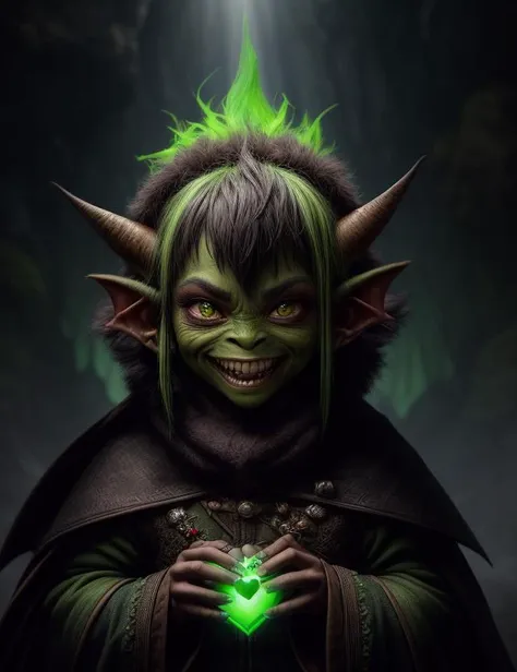 ((best quality)), ((masterpiece)), ((realistic)), (detailed), female Goblin,imaginative and mischievous goblin character with a hunched posture, glowing beady eyes, and a malevolent grin. Use earthy green and brown tones for its mottled skin, and add small, stubby horns on its sloping forehead, scraggly moss-like hair,sharp jagged teeth in its wide mouth, goblin should be small in stature, around 2 to 3 feet tall, fantasy, Fifty-something, Voluminous, Indigenous Australian, Light brown eyes, Festive holiday makeup , Textured haircut hair, Guilt, Veil of Illusion, Hands covering face, concealing or revealing magic,  Psion, (Convection,Vibrant,Light green ,Amorphous,Sphere,Heart  magic:1.3) Space-warping abilities, Tech Noir , ((masterpiece)), absurdres, HDR, <lora:add_detail:1>, <lora:LowRA:0.5>