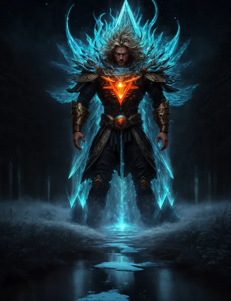 ((best quality)), ((masterpiece)), ((realistic)), (detailed), male , Golden age Tall, Maori, Turquoise eyes,  , Blonde Textured crop hair, Anger,, Transforming into a creature of power, embodying magical attributes,  Nanomancer, (Tangerine ,Superfluid,fog,Illusionary,Celestial,Turbulence,Dj vu,Triangular Prism magic:1.3) Technology manipulation, Dieselpunk , Elemental Burst, Dynamic motion to release elemental power, Elemental Glow, Ethereal Grove of Druidic Wisdom, Cosmic Energy Panels, Reflective Moonlight on Snow, Pathway Lighting, ((masterpiece)), absurdres, HDR, <lora:add_detail:1>, <lora:LowRA:0.5>