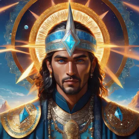 ((best quality)), ((masterpiece)), ((realistic)), (detailed), male Human, Midlife Wholesome, Native American, Light blue eyes, Stretched Ears, Narrow Nose,    Symmetrical Forehead,  Well-defined Collar Bone, , Auburn Short comb-over hair, Puzzlement,, Crystal Attunement, Holding crystals to amplify magical energy,  wearing  Priest's Robes , , ,  and and and Glitter (Colloids,Convection,Tetrahedron,Synchronicity,Beguiling,Rotation magic:1.3), Standing tall, one hand pointed forward, channeling energy, Solar Flare, Indigenous Australian Art, Raypunk, Enchanted, Global Illumination, id Tech engine, Ethereal, Double Exposure, Prehistoric Art, Traditional Hand-Drawn Animation, Volumetric Lighting, Unrivaled, UHD, Inspired,, ((masterpiece)), 8K, HDR