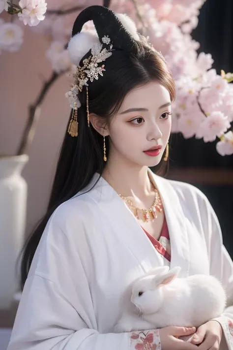 ultra-detailed,highly detailed,best quality,masterpiece,illustration,realistic,
1girl, solo, long hair, black hair, hair ornament, long sleeves, hat, jewelry, upper body, ponytail, flower, japanese clothes, kimono, necklace, chinese clothes, looking down, cherry blossoms, rabbit, realistic, white theme, hanfu, <lora:å«¦å¨¥ä»å­changexianzi-000007:1>