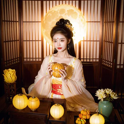 changexianzi, cexz2, 1girl, solo, long hair, looking at viewer, brown hair, black hair, hair ornament, long sleeves, dress, holding, jewelry, sitting, upper body, flower, earrings, food, indoors, hair flower, wide sleeves, hair bun, cup, head tilt, see-through, makeup, night, fruit, chinese clothes, moon, table, own hands together, plant, night sky, full moon, rabbit, shawl, lantern, realistic, yellow flower, holding flower, teapot, paper lantern, vase, tokkuri, hanfu, choko \(cup\)<lora:changexianzi-000007:0.9>