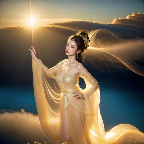 (((translucent,semitransparent,see-through:1.3))),(huge breasts:1.2,nipples:1.2),white_hanfu,long_black_hair,upper body,close-up,looking at viewer,
The painting depicts an ethereal fairy dancing gracefully on the misty clouds of a celestial palace in the heavens. She is clad in an immaculate white robe that floats lightly around her,the long sleeves flowing like mist. Ivory silk sashes trail behind her,tracing her delicate movements. The fairy's countenance is serene,her porcelain skin glowing in the golden sunlight. She dances with her palms pressed together and arms out-stretched,as if leading the clouds in herown waltz. Her slender figure drifts fluidly through the air on the gossamer clouds. Sparkling stardust and dew drops swirl around the maiden as she pirouettes. Below her stretches a sea of clouds in pastel hues. The scene seems suffused in divine radiance. The ambience evokes a feeling of weightlessness and tranquility. The fairy's dance on the celestial clouds appears ethereal and dreamlike.,
(High quality, Superb lighting, Highly detailed, Sharp focus, 8K UHD, masterpiece art),<lora:changexianzi-000007:0.9>