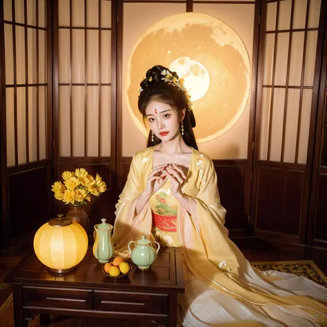 changexianzi, cexz2, 1girl, solo, long hair, looking at viewer, brown hair, black hair, hair ornament, long sleeves, dress, holding, jewelry, sitting, upper body, flower, earrings, food, indoors, hair flower, wide sleeves, hair bun, cup, head tilt, see-through, makeup, night, fruit, chinese clothes, moon, table, own hands together, plant, night sky, full moon, rabbit, shawl, lantern, realistic, yellow flower, holding flower, teapot, paper lantern, vase, tokkuri, hanfu, choko \(cup\)<lora:changexianzi-000007:0.9>