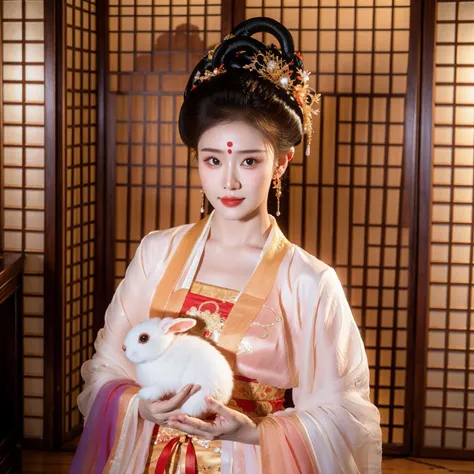 changexianzi, cexz4, 1girl, solo, looking at viewer, black hair, hair ornament, holding, jewelry, earrings, japanese clothes, kimono, makeup, animal, chinese clothes, rabbit, snake, realistic, holding animal, hanfu<lora:changexianzi-000007:0.9>