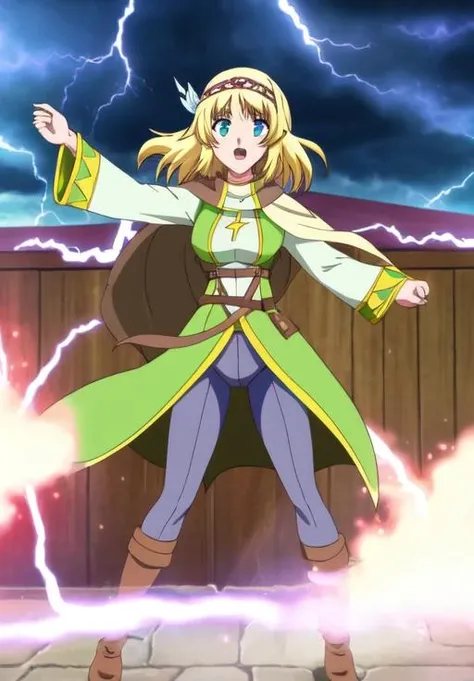 <lora:leadale-Cayna_1:0.8>, leadale-Cayna, tavern, blasting lightning bolt