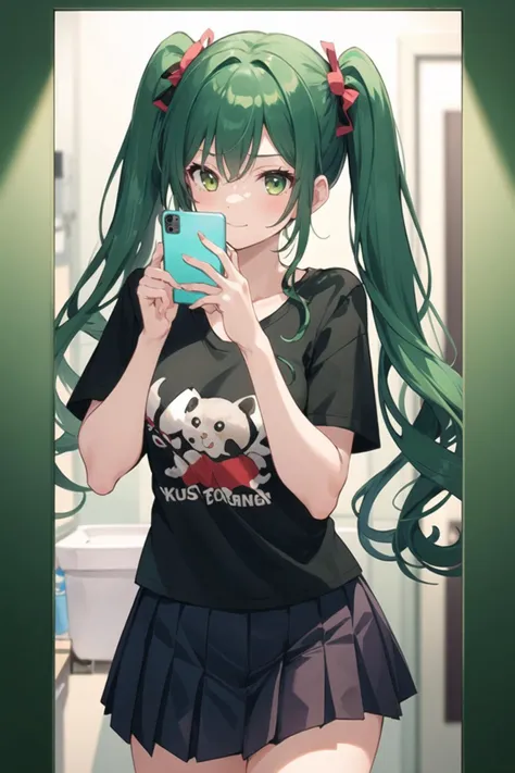 1girl, casual clothes, t-shirt, pleated skirt, twintails, long hair, short sleeves, standing, selfie, mirror, green wall, indoors, restroom, (smile:0.6), holding phone