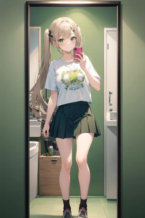 1girl, casual clothes, t-shirt, pleated skirt, twintails, long hair, short sleeves, standing, selfie, mirror, green wall, indoors, restroom, (smile:0.6)