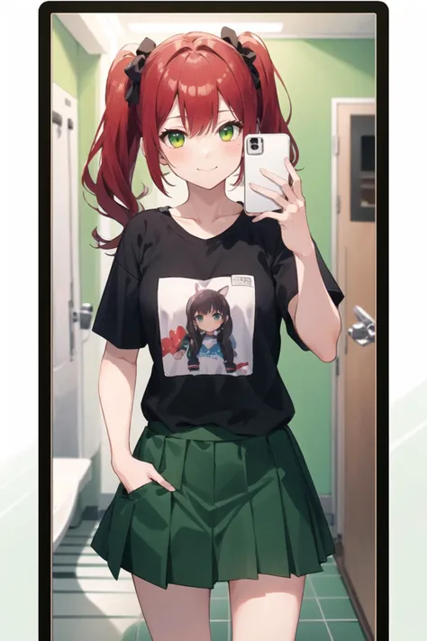 1girl, casual clothes, t-shirt, pleated skirt, twintails, long hair, short sleeves, standing, selfie, mirror, green wall, indoors, restroom, (smile:0.6), hand in pocket