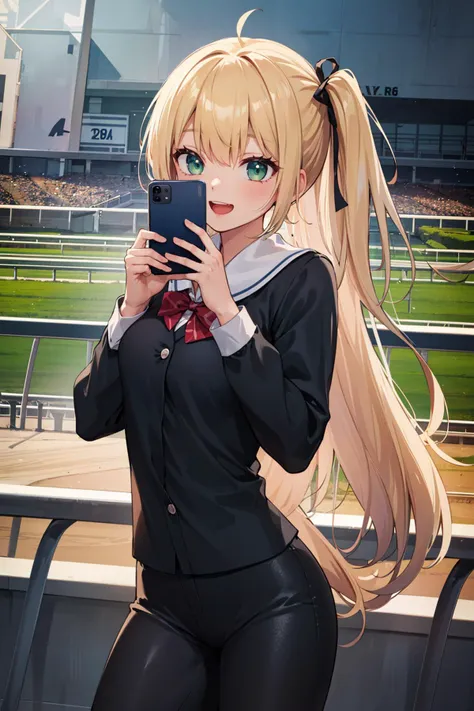 ((masterpiece)), (best quality), official art, extremely detailed CG, unity 8k wallpaper, ultra detailed, photorealistic, vivid color, front lighting, 
1girl, blonde hair, green eyes, school uniform,  surprised, open mouth, holding smartphone, standing, selfie, smile, looking at smartphone, 
outdoors,  (horse racing track:1.3) , running horse,