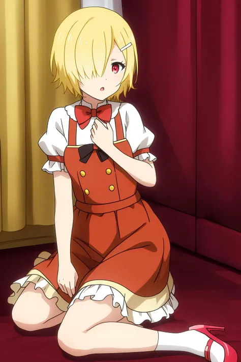 aku, anime art style, 1girl, solo, short_hair, open_mouth, bangs, blonde_hair, hair_ornament, red_eyes, dress, bow, sitting, short_sleeves, hairclip, puffy_sleeves, indoors, bowtie, white_dress, hair_over_one_eye, high_heels, puffy_short_sleeves, curtains, hand_on_own_chest, yellow_footwear