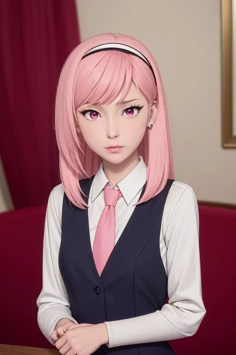 (best quality, masterpiece, colorful, dynamic angle, highest detailed, hyper realistic, intricate detailed, absurdres, realistic anime), upper body professional photo, fashion photography of <lora:Demonlord_retry_girlpack_v1:0.4>, luna, anime art style, 1girl, solo, long_hair, bangs, shirt, closed_mouth, white_shirt, upper_body, pink_hair, ahoge, hairband, necktie, collared_shirt, indoors, pink_eyes, vest, frown, parody, red_necktie, meme, black_vest, white_hairband, extremely detailed face:0.9, extremely detailed body:0.9, extremely detailed arms:0.9, extremely detailed hands:1.2, extremely detailed legs:0.9, extremely detailed limbs, perfect anatomy, gloomy atmosphere, dusk, room with bsdm toys on wall, paddles on wall, sitting on chair, (intricate details, hyperdetailed:1.15), front view, facing viewer, dynamic pose, one hand behind head, one hand on hips, (official art, extreme detailed, highest detailed), <lora:hipoly_3dcg_v7-epoch:0.5>,