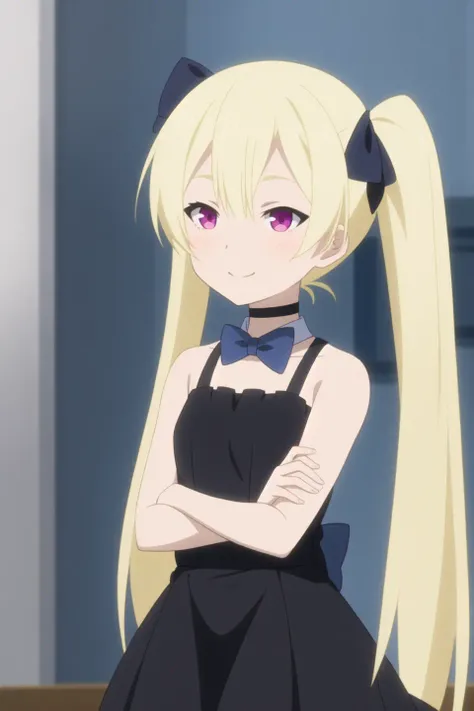 tron, anime art style, 1girl, solo, long_hair, blush, smile, open_mouth, blonde_hair, bow, ribbon, bare_shoulders, twintails, closed_eyes, hair_ribbon, upper_body, :d, choker, clothing_cutout, ^_^, blue_bow, blue_ribbon, blue_bowtie, shoulder_cutout