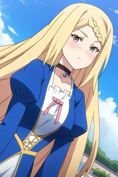 killerqueen, anime art style, 1girl, solo, long_hair, blush, blonde_hair, long_sleeves, brown_eyes, braid, outdoors, sky, choker, day, puffy_sleeves, cloud, blue_sky, dutch_angle