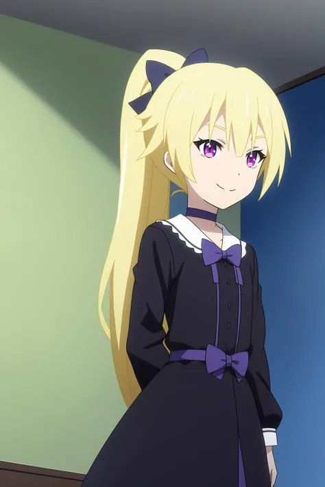 tron, anime art style, 1girl, solo, long_hair, smile, blonde_hair, red_eyes, dress, bow, ribbon, purple_eyes, hair_ribbon, ponytail, hair_bow, choker, indoors