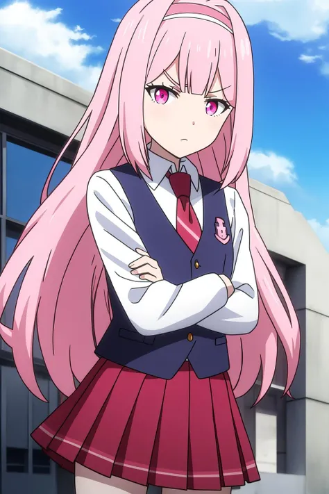 luna, anime art style, 1girl, solo, long_hair, looking_at_viewer, bangs, skirt, shirt, long_sleeves, very_long_hair, closed_mouth, school_uniform, white_shirt, pink_hair, cowboy_shot, pleated_skirt, hairband, necktie, sky, collared_shirt, cloud, pink_eyes, vest, red_skirt, frown, crossed_arms, red_necktie