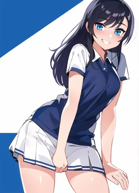 highres, masterpiece, 1girl, solo, eye contact, stare, smile, grin, standing, skin blush, black hair, long hair, blue eyes, gradient eyes, simple background, shiny skin, blush lines, sketch lines, sketch, cover art,
athletic clothes, white skirt, collared shirt,
<lora:homebrew_ngnd:1>,
