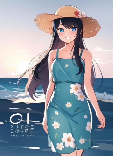 highres, masterpiece, 1girl, solo, eye contact, stare, smile, grin, standing, skin blush, black hair, long hair, blue eyes, gradient eyes, walking by the ocean, shiny skin, blush lines, sketch lines, sketch, cover art, arms behind back,
flower print dress, sun hat,
<lora:homebrew_ngnd:1>,
