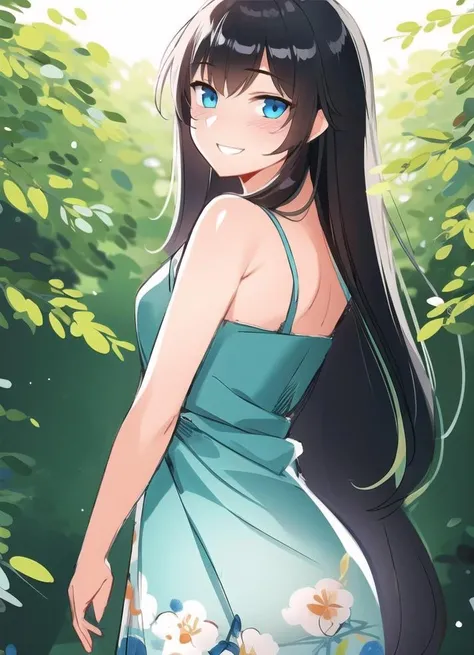 highres, masterpiece, 1girl, solo, eye contact, stare, smile, grin, standing, skin blush, black hair, long hair, blue eyes, gradient eyes, in a forest, shiny skin, blush lines, sketch lines, sketch, cover art,
flower print dress,
<lora:homebrew_ngnd:1>,