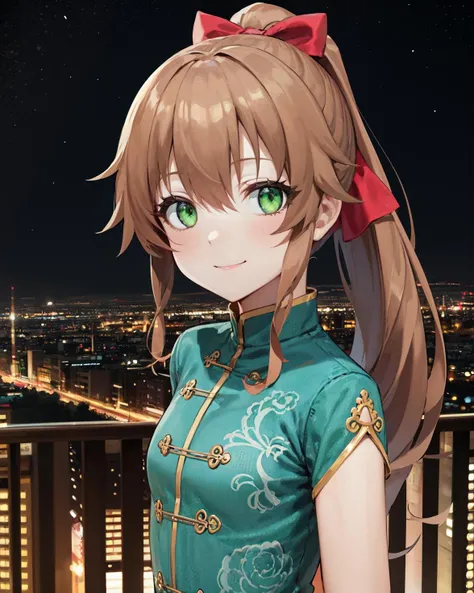 best quality, (masterpiece:1.2), illustration, absurdres,
(1girl), (solo), (beautiful detailed girl), (upper body, portrait),
<lora:TowaQipao-08:0.8>, Towa Herschel, brown hair, ponytail, hair ribbon, green eyes, petite, small, short, flat chest, small breasts,
chinese clothes, green dress, green shoes,
looking at viewer, smile,
night, on balcony, city lights, starry sky, overlooking city,