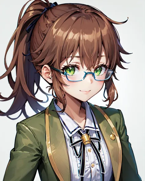 best quality, (masterpiece:1.2), illustration, absurdres,
(1girl), (solo), (beautiful detailed girl), (upper body, portrait),,
<lora:TowaKuro2-06:1>, Towa Herschel, brown hair, ponytail, hair ribbon, green eyes, petite, small, short, flat chest, small breasts,
blue glasses, green jacket, white shirt, black neckwear, black pants, green shoes
looking at viewer, gentle smile,
prairie, sky,