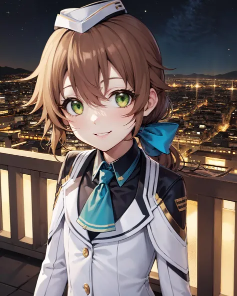 best quality, (masterpiece:1.2), illustration, absurdres,
(1girl), (solo), (beautiful detailed girl), (upper body, portrait),
<lora:TowaCS3-08:1>, Towa Herschel, brown hair, ponytail, hair ribbon, green eyes, petite, small, short, flat chest, small breasts,
white hat, headwear,
white jacket, blue neckwear, black gloves, black pantyhose, white shoes,
looking at viewer, smile,
night, on balcony, city lights, starry sky, overlooking city,