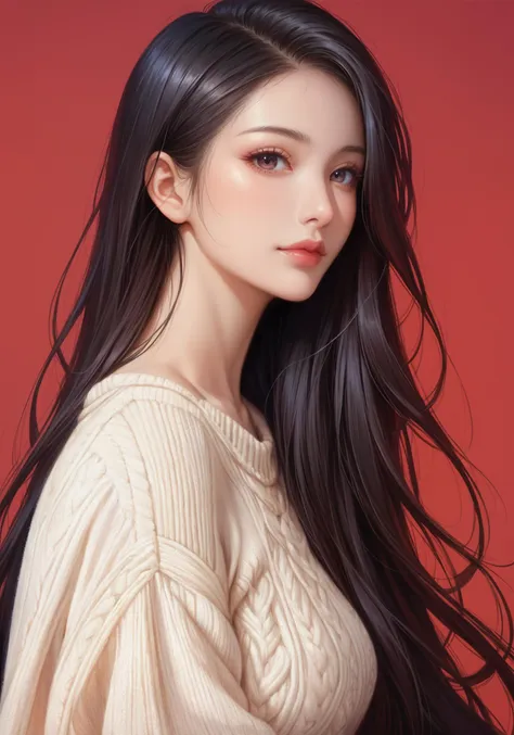 ,score_9,score_8_up,score_7_up, 20 years old, 8k, hd, beautiful girl, black hair, very long hair, straight hair, closed mouth,
1girl, detailed face, beautiful woman's face, sweater, red background, looking at viewer,