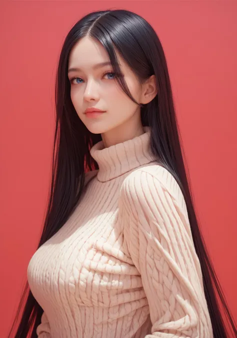 ,score_9,score_8_up,score_7_up, 20 years old, 8k, hd, beautiful girl, black hair, very long hair, straight hair, closed mouth,
1girl, detailed face, beautiful woman's face, sweater, red background, looking at viewer,