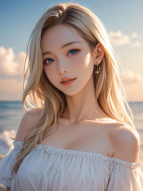 score_9, score_8_up, score_7_up, Best quality, masterpiece, blonde hair, film grain, photo by fuji-proplus-ii film, half-length portrait, raw photo of 20 years old woman in off-shoulder, close up portrait, deep blue sky, cloudy sky, outdoor, high key light, soft shadow, dark theme