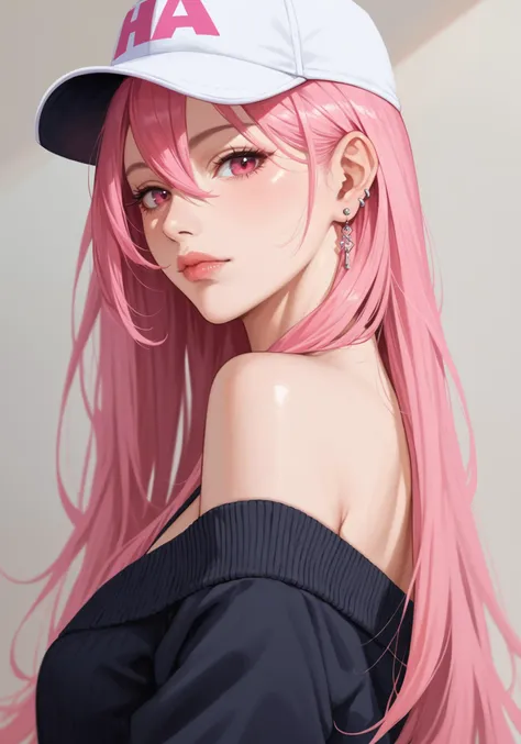 1girl, solo, long hair, looking at viewer, red eyes, hat, hair between eyes, closed mouth, jewelry, bare shoulders, upper body, pink hair, earrings, pink eyes, off shoulder, from side, lips, ear piercing, baseball cap, hair behind ear, black sweater, general,score_9,score_8_up,score_7_up,score_6_up,score_5_up,score_4_up,