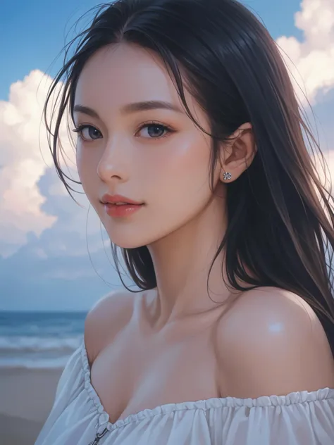 score_9, score_8_up, score_7_up, Best quality, masterpiece, realistic, realism, film grain, photo by fuji-proplus-ii film, half-length portrait, raw photo of 20 years old woman in off-shoulder, close up portrait, deep blue sky, cloudy sky, outdoor, high key light, soft shadow, dark theme
