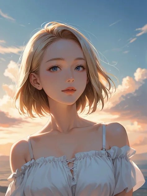 score_9, score_8_up, score_7_up, Best quality, masterpiece, blonde hair, film grain, fuji-proplus-ii film, half-length portrait, 20 years old woman in off-shoulder, close up portrait, deep blue sky, cloudy sky, outdoor, high key light, soft shadow, dark theme