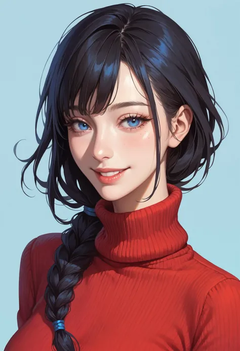 score_9, score_8_up, score_7_up, 1girl, portrait, parted lips, black hair, bangs, low ponytail, braided ponytail, half-closed eyes, blue eyes, looking at viewer, parted lipos, smile, red sweater, turtleneck sweater, blue background, eyelashes,