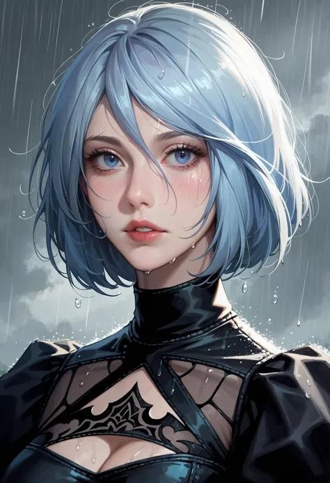 score_9, score_8_up, score_7_up, 1girl, portrait, 2B \(Nier Automata\), looking at viewer, expressionless, raining, nature, grey sky, grey clouds, light blue eyes, eyelashes, cute, parted lips, front view,