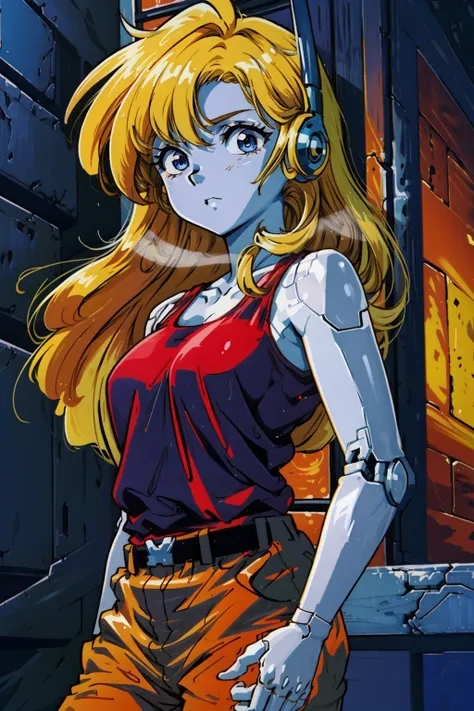 ((masterpiece)), ((best quality)), 1girl, curly brace, blue eyes, blonde hair, medium breasts, white skin, robot joints, tank top, cowboy shot, digital painting, <lora:curly brace v1:0.8>, <lora:90sv1.6R:0.6>, 1990s \(style\)